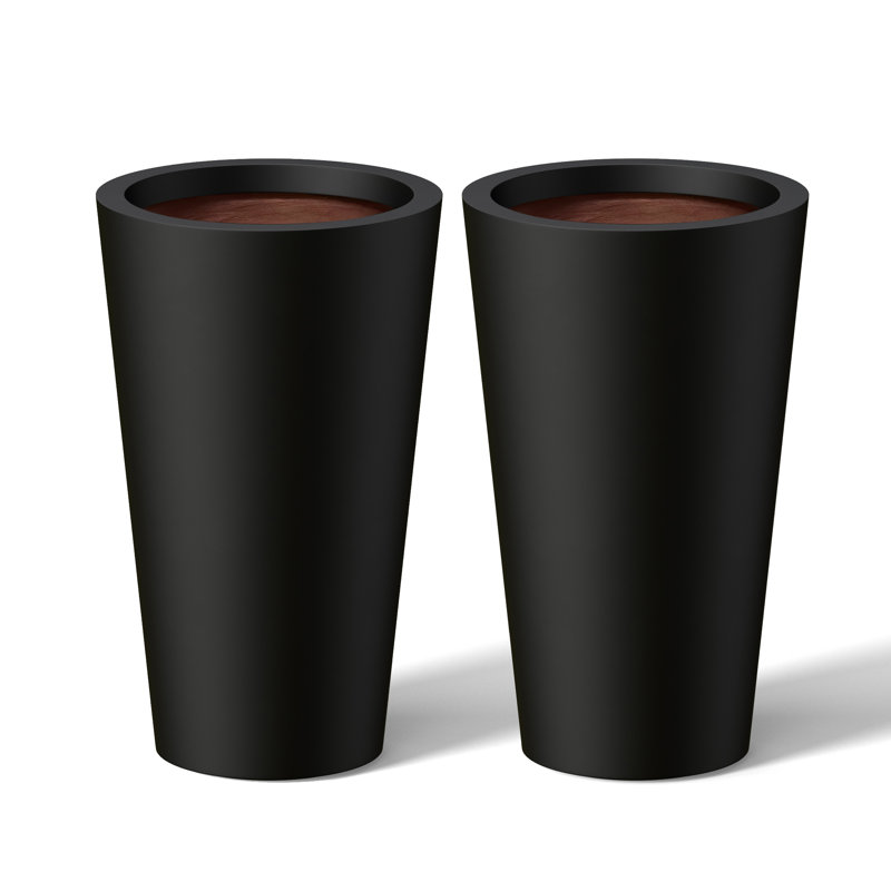 8 In. Medium Concrete Round Planter / Pot With Drainage Holes Set Of 2, Charcoal Black (Upgraded Interior)