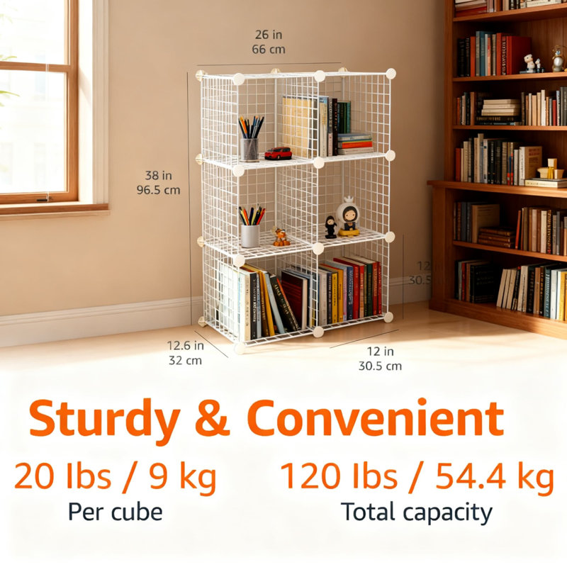 6-Cube Modular Wire Grid Storage Shelves Unit, Stackable Organizer With Interlocking Design For Home, Office, And Closet