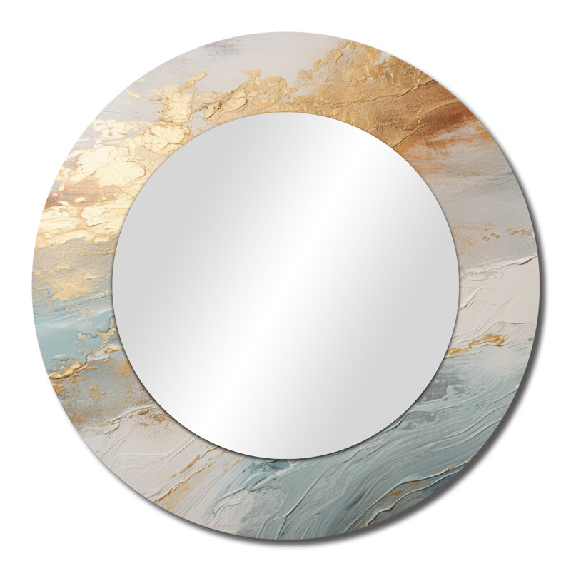 Golden and Blue Beach Tranquility IV - miroir mural de plage, miroir décoratif rond beige, impression d'art en métal