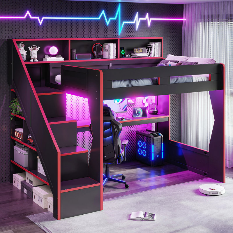Lit double avec escalier de rangement, structure en MDF, mezzanine de jeu moderne, Noir