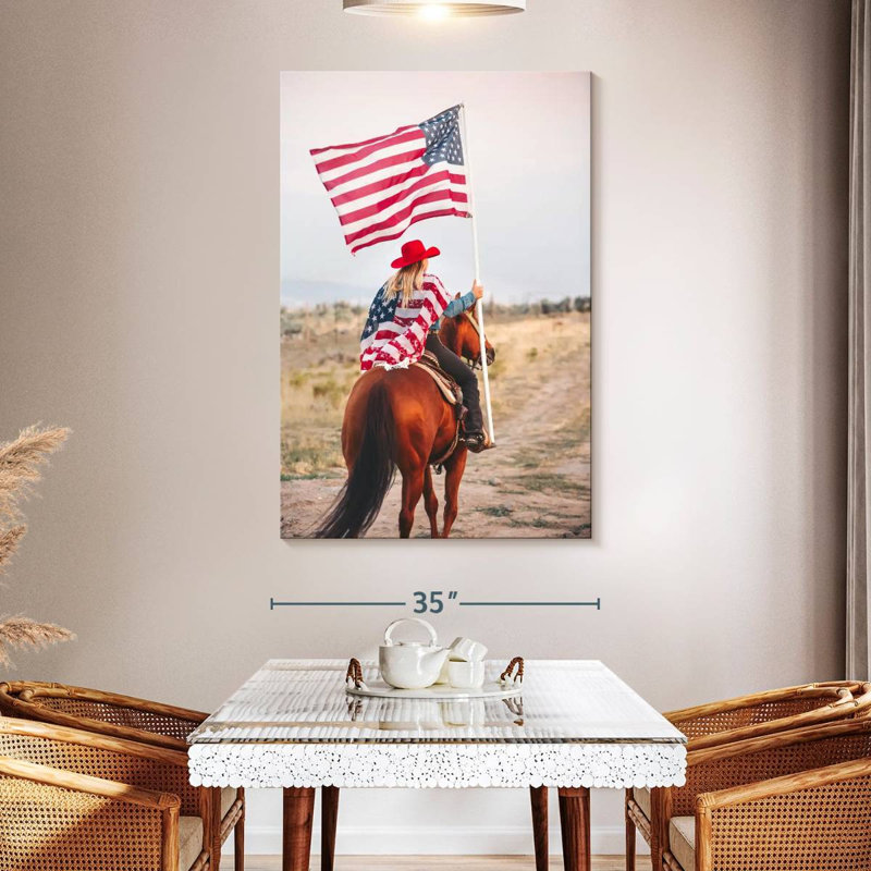 Mehar, patriotique, cow-boy à cheval, H 51 po x l 34 po