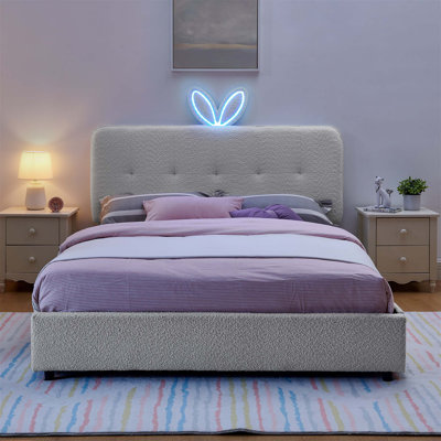 Lit tapissier pour enfants avec tête de lit pour oreilles de lapin, lumière DEL et 4 tiroirs de rangement, tissu souple Boucle
