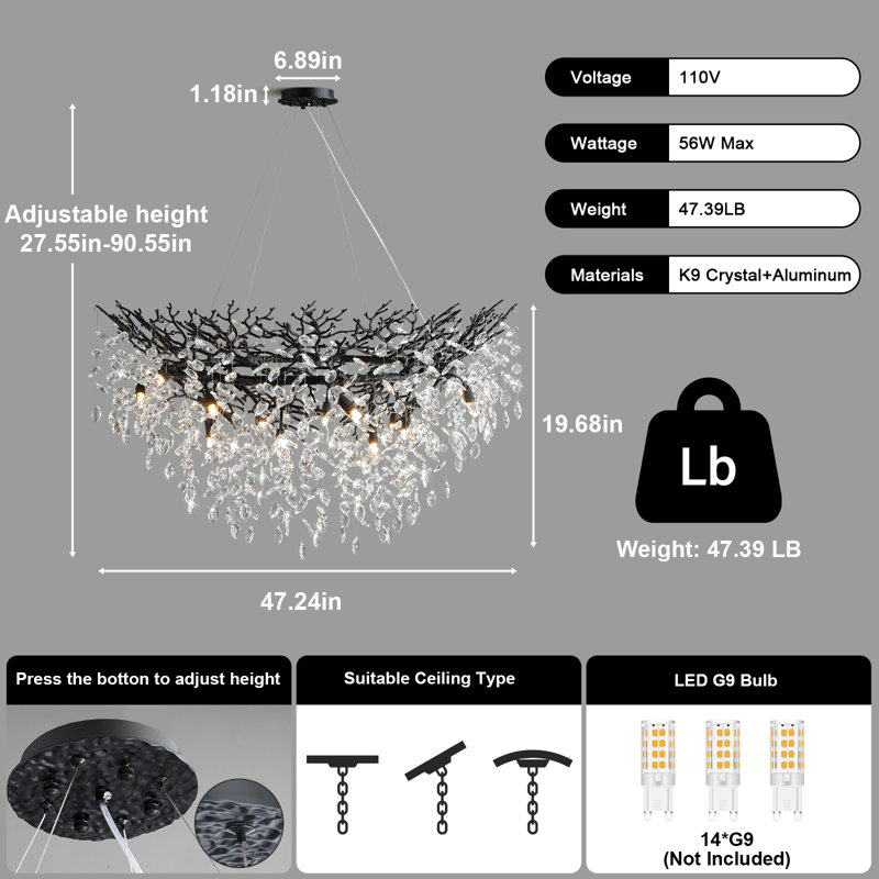 Paree Dimmable Crystal Chandelier, Matte Black, 27.56" H x 39.37" W x 39.37"D