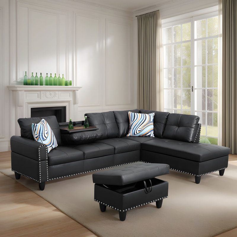 Élégant canapé modulaire pour 4 personnes avec revêtement en cuir respirant et repose-pieds, Noir