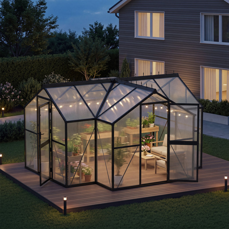Serre de jardin en polycarbonate de 12 pi x P 10 pi pour l'extérieur, serre en aluminium robuste avec évent de toit réglable et portes doubles, toutes saisons, noir