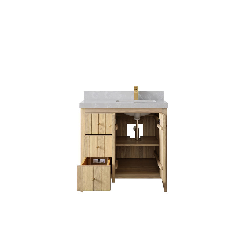 Atlanta White Oak Wood 36 In. W X 22 In. D Right Offset Sink Bathroom Vanity With 2 In. Frosty Carrara Quartz