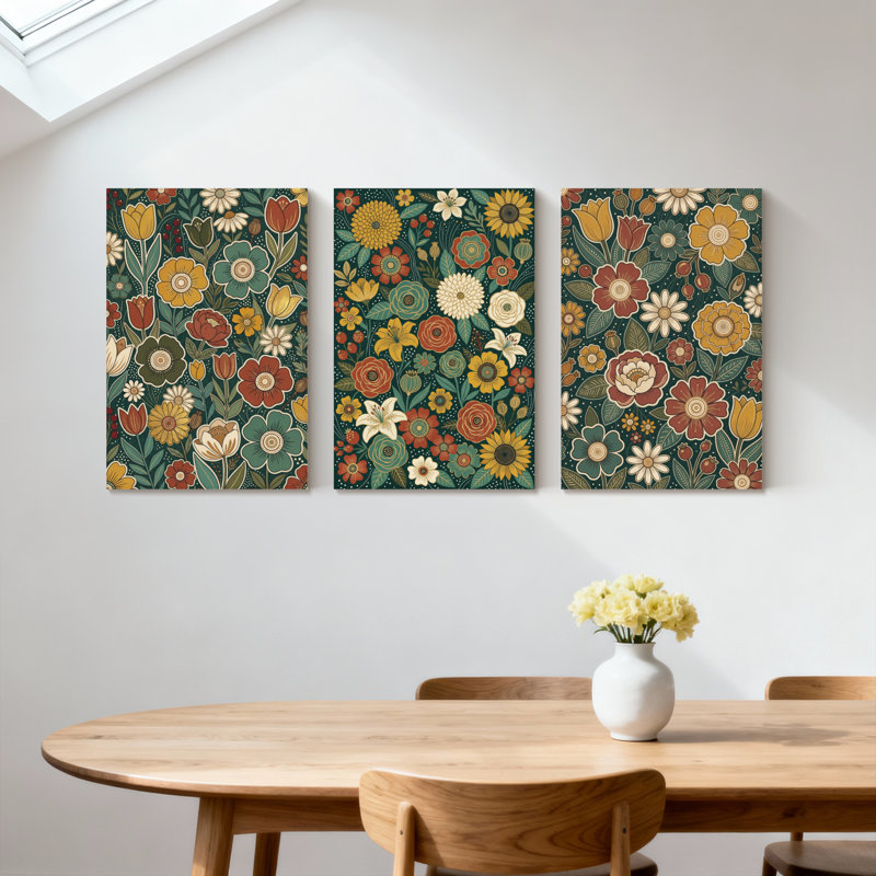 Plantes et fleurs, motif floral avec couleurs vives et feuilles, ensemble de 3 impressions sur toile, H 30 po x l 60 po