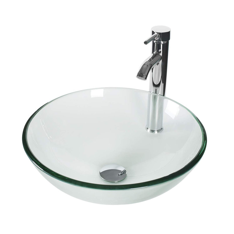 Lavabo de salle de bain vasque circulaire transparent fait à la main avec robinet