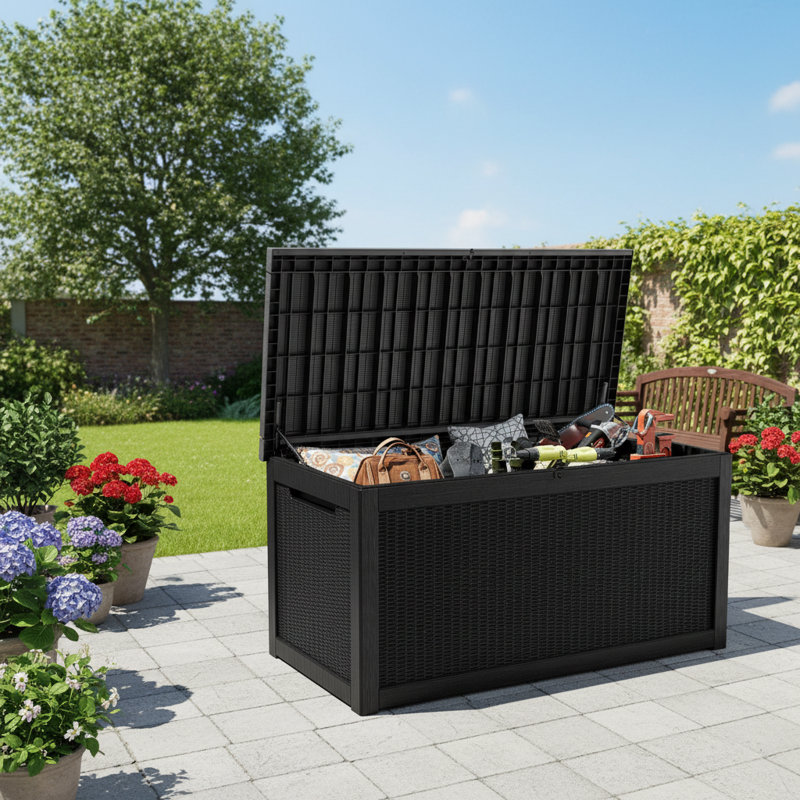 Black Waterproof Outdoor Deck Box, Large Resin Storage Container With Lockable Lid, Weather Resistant For Patio, Garden And Yard