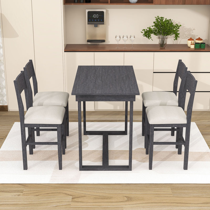 Ensemble de salle à manger à hauteur de comptoir 5 pièces avec table rectangulaire et 4 chaises rembourrées Farmhouse, Gris