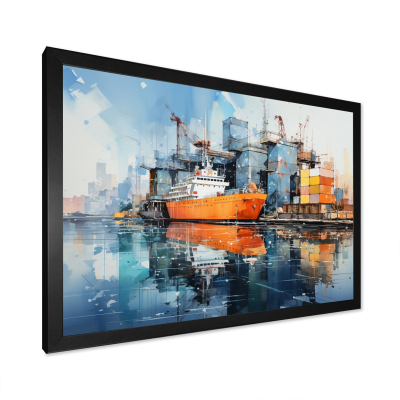 " Port Industrial Reflections ", 34" H x 44" W x 1.5" D, Black Picture Framed