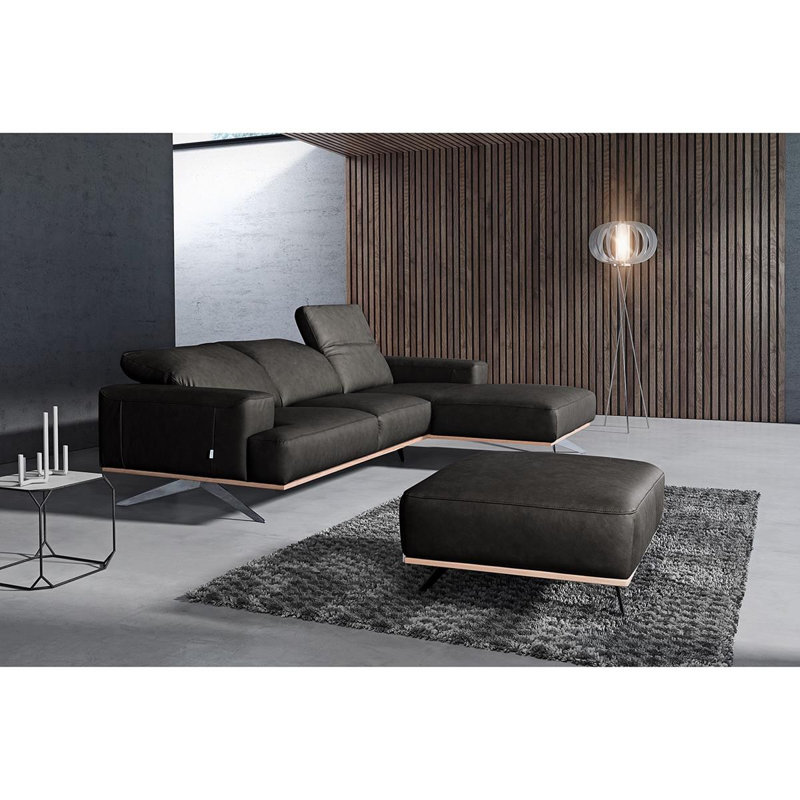 Edeltraut Genuine Leather Corner Sofa with Wooden Frame, Right Hand Facing, Black