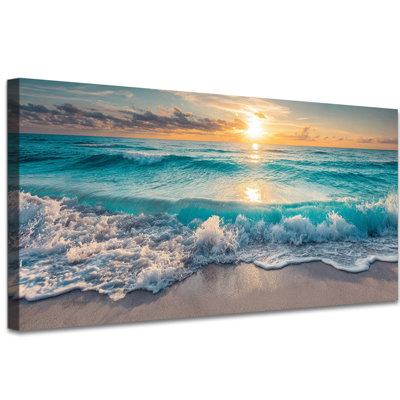 Grande plage, art mural, coucher de soleil, océan, paysage côtier, impressions sur toile, vagues bleues, bord de mer, affiche d'art encadrée sur toile pour le salon, la chambre, la salle de bain, le bureau, une décoration murale prête à accrocher, 24 po x 48 po