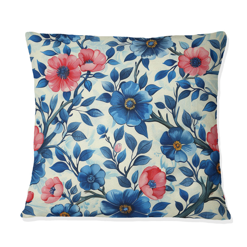 Coussin décoratif traditionnel bleu et rose, H 16 po x l 16 po