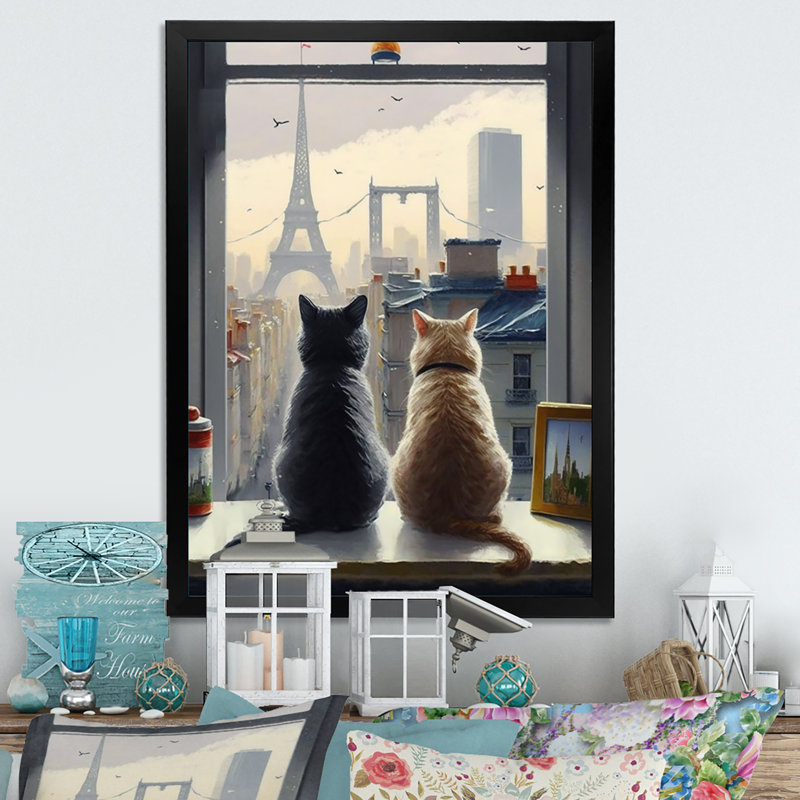 Deux chats à Paris III - impressions sur toile de chat, Cadre photo noir, H 20 po x l 12 po