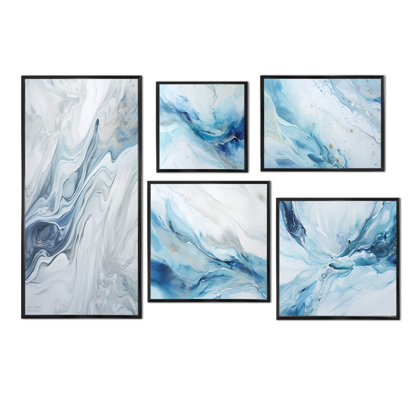 «Grey and Blue Glacier Charm», art mural sur toile Glacier, ensemble de 5, Cadre flottant noir