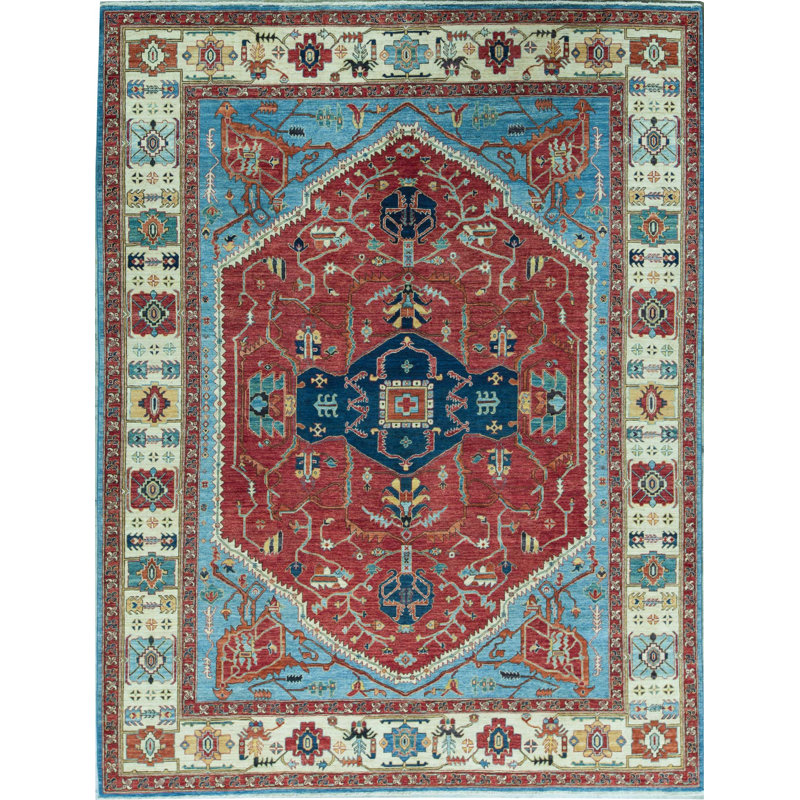 Tapis rouge, bleu et beige noué à la main de haute qualité