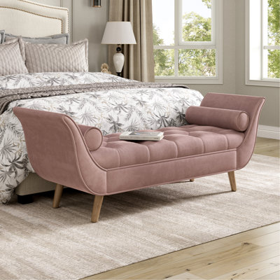 Repose-pieds avec accoudoirs roulés et 2 coussins - Banc rembourré en velours rose bout de lit, pieds en bois massif, décor esthétique dans les coussins du banc de la chambre à coucher, accoudoirs confortables