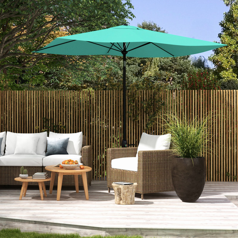 Parasol rectangulaire extérieur de 1,98 m x 3,05 m, protégé, système de manivelle et d'inclinaison pratique, couleur turquoise, toile de protection 50+ couches, facile à incliner.