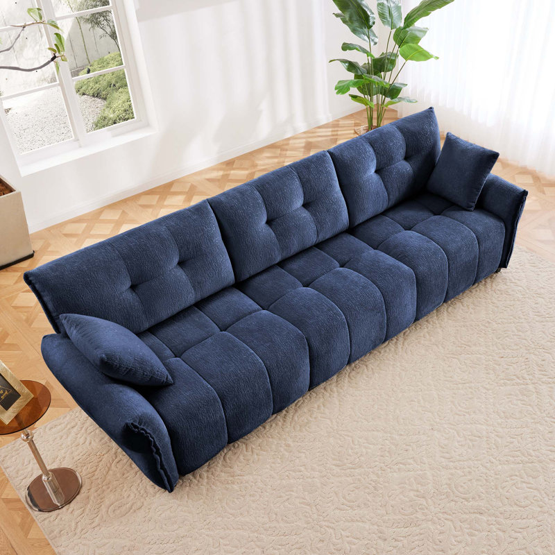 Canapé moderne capitonné 3 places avec coussins, Chenille bleue