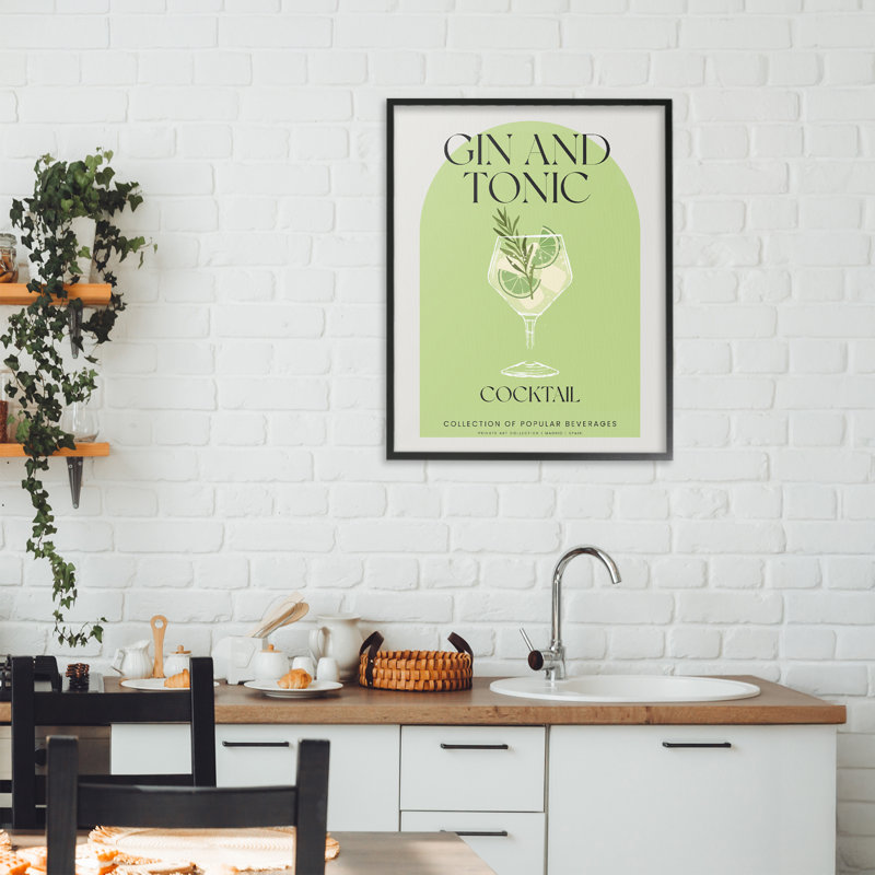 Élégant giclée encadrée gin-tonique rétro, design par Lil 'Rue, H 20 po x l 16 po, Giclée encadrée noir minuit