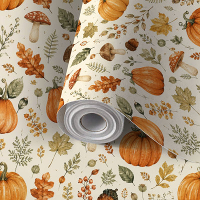 Papier peint adhésif facile à poser, idéal pour les familles locataires, motif citrouille et champignons fantaisistes, tons naturels. Revêtement mural amovible sans résidus, parfait pour le salon, la chambre à coucher, la cuisine ou un mur d'accent.