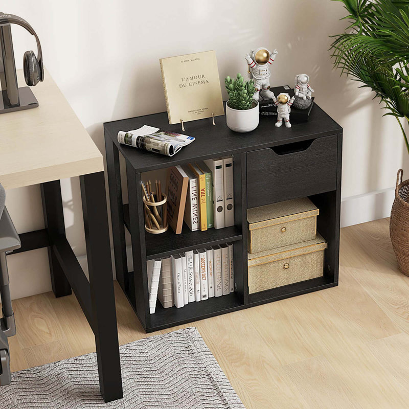 1 Pcs 3-cube Bookcase Organizer With 2-tier Wooden Storage Shelf & Pull-out Drawer