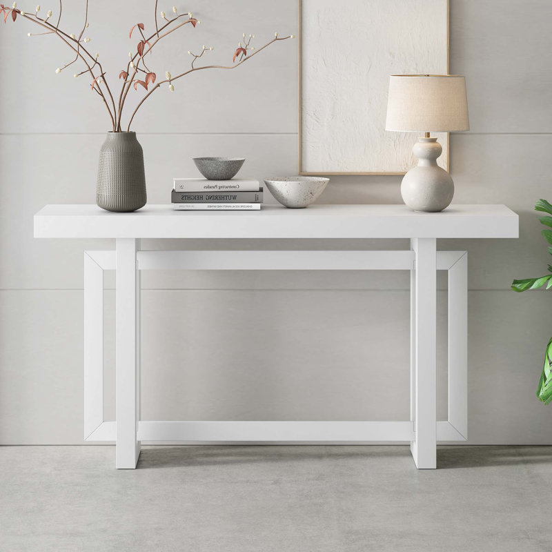 Table d'entrée de 59,1 po peinte avec placage de pin, console triple rectangulaire unique avec pieds en bois de pin épais
