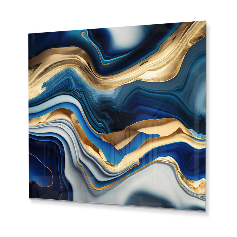 Décoration murale moderne en métal bleu vif et agate dorée II, H 23 po x l 23 po x P 1 po