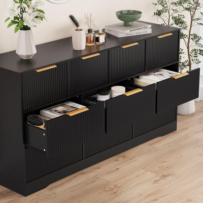 Commode blanche cannelée 55 "avec poignées dorées, commode double 10 tiroirs pour chambre