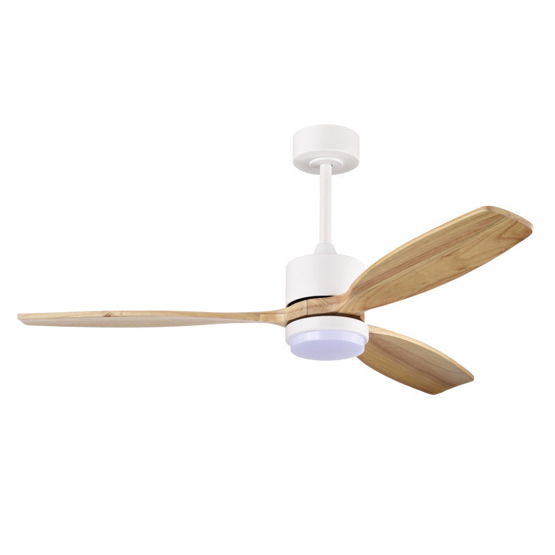 Ventilateur de plafond en bois massif et métal avec éclairage DEL Yerma, Blanc Burlywood