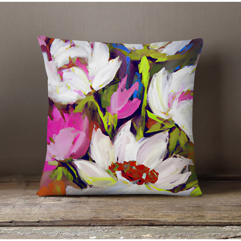 Throw Pillow With Insert, White/Pink Floral 7, 16"H x 16"W