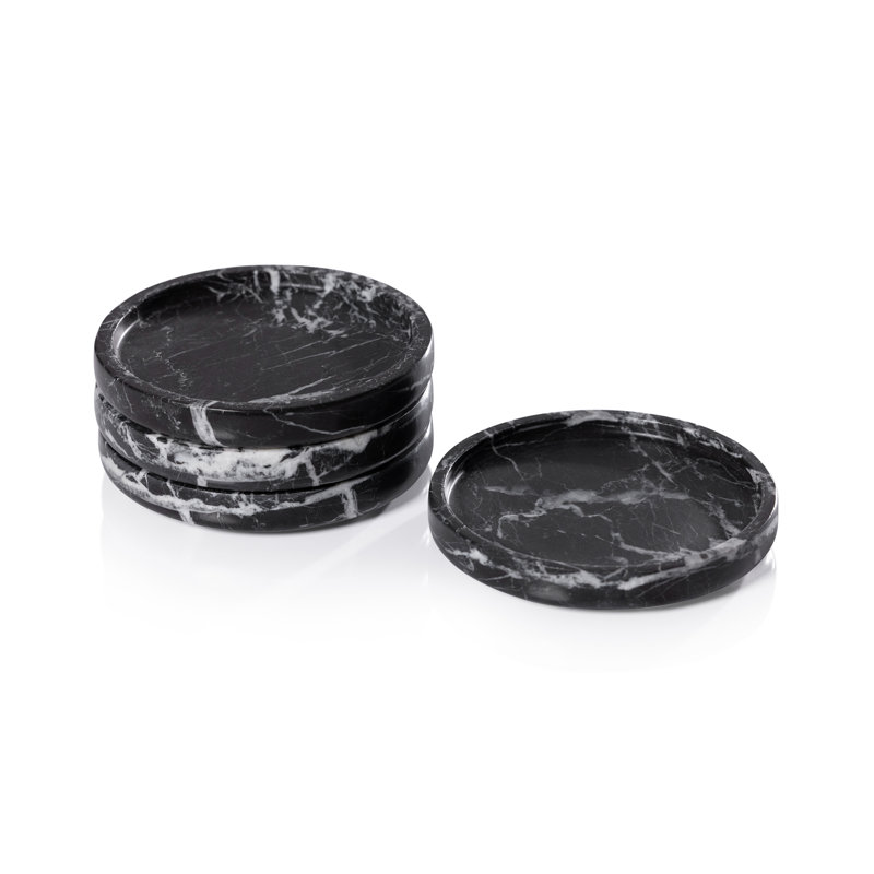 4.5' Round Marble Coasters, Set of 4, Black Marquino