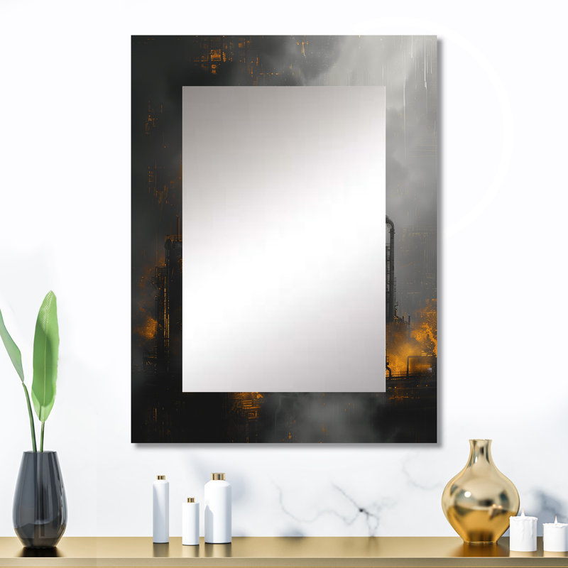 Yellow Grey monochrome Factory photo I - Factories Decorative Mirror, Industrial Wall Mirror, Printed Metal Art, 32" x 24"
