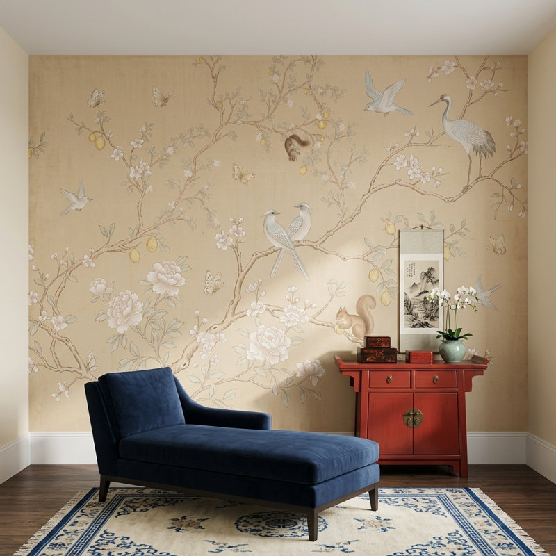 Décoration murale amovible de style chinois parchemin, 200 po x 120 po, Peler et coller