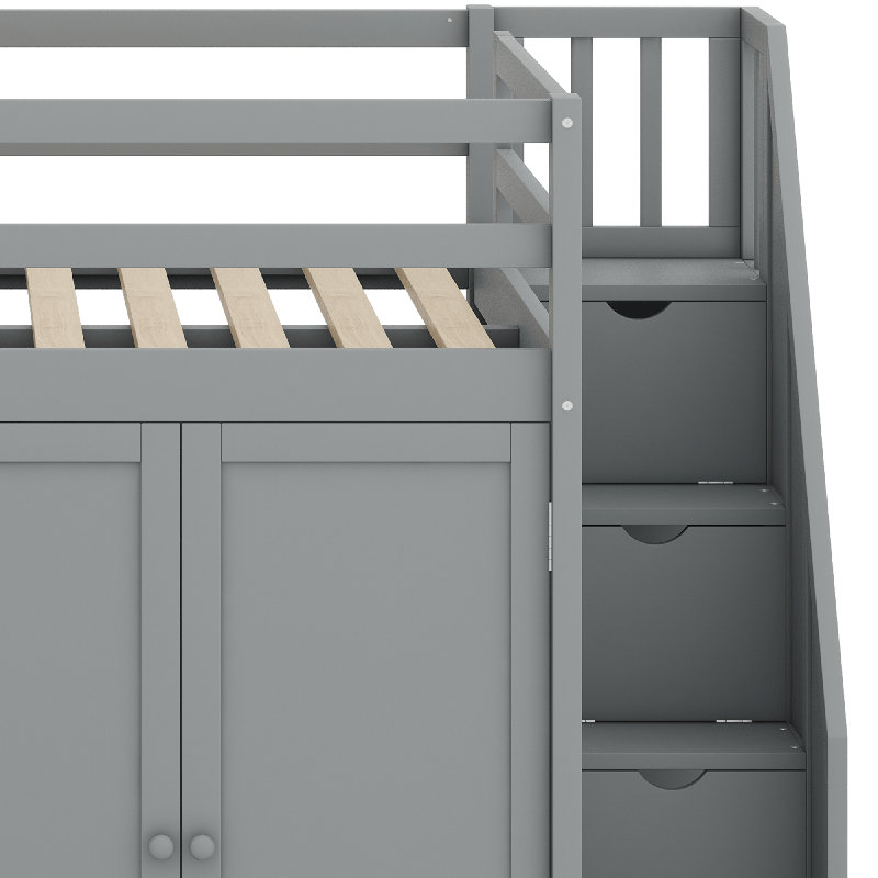 Lit mezzanine en bois avec armoires encastrées, Gris