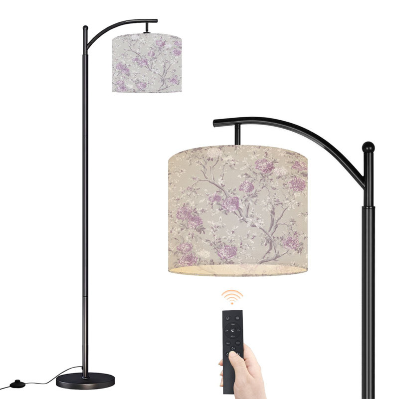 Lampe sur pied à arc avec abat-jour réglable Vintage floral lavande blanc pivoines gris clair Lampe sur pied 3 températures de couleur à haut gradateur avec interrupteur au pied pour la chambre à coucher