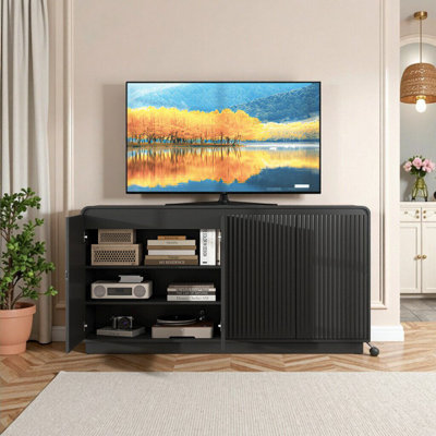 Modern Black 4-Door Fluted TV Stand with Power Outlet & Adjustable Storage – Minimalist Entertainment Center & Buffet Sideboard