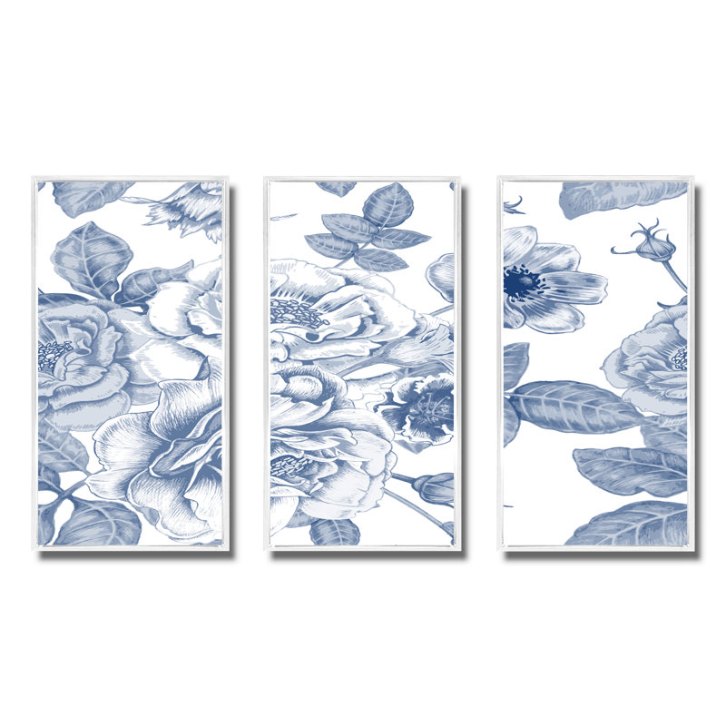 Fleurs blanches blanches rétro sur bleu classique II - ensemble de 3 reproductions d'art encadrées sur toile, Blanc