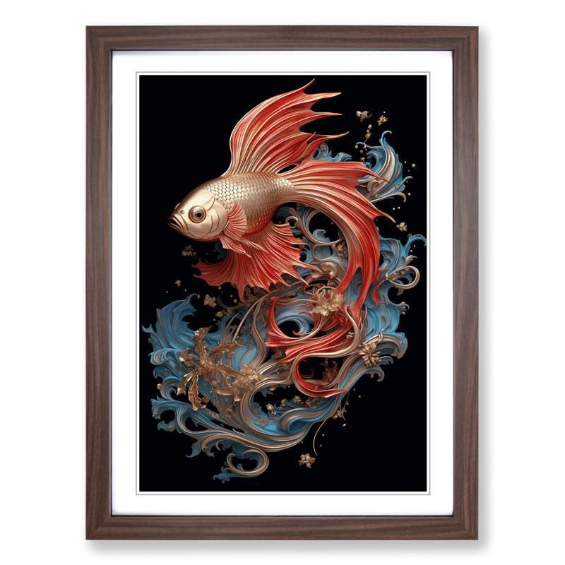 Siamese Fighting Fish Nouveau No.2 - Framed Print, Walnut , 64cm H x 46cm W x 2cm D