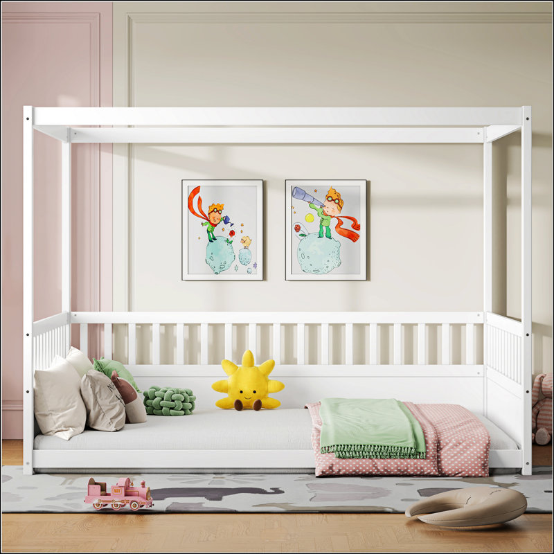Full Size Canopy Bed Frame With Guardrails, Full, White