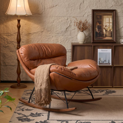 Modern Ergonomic Rocking Chair, Oversized Padded Accent Rocker with Solid Wood Frame and Leather Upholstery for Living Room by Latitude Run