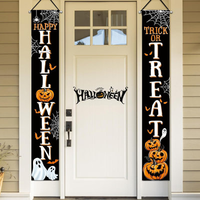 Happy Halloween Trick Or Treat Porch Banner Sign, Jack O Lantern Pumpkin Front Door Decorative Hanging Welcome Banner Flag, Spooky Ghost Bat Party Decoration Home Outdoor Decor
