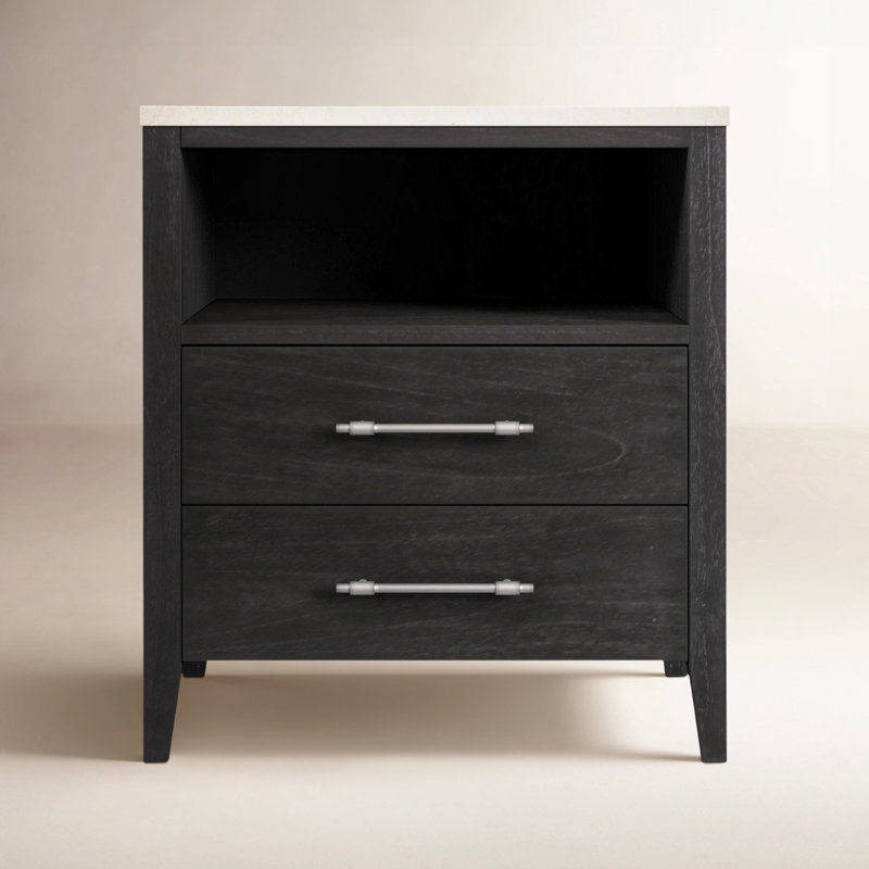 Mayfair 2 Drawer Wood and Marble Nightstand, Washed Black/Ivory