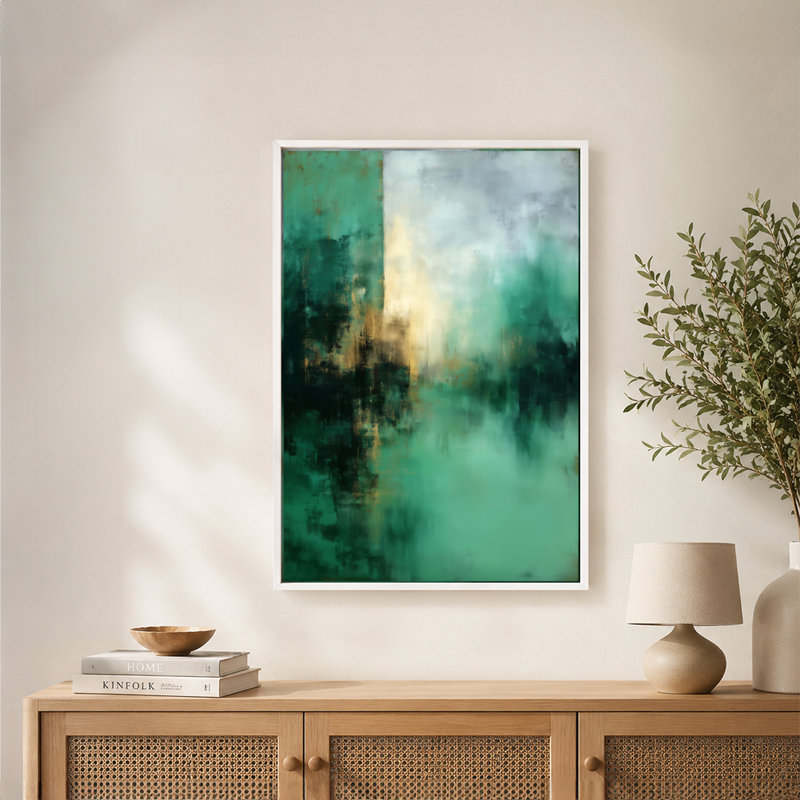 Art mural sur toile abstrait vert sarcelle doré avec cadre flottant, prêt à être accroché, 8 x 12 po, Brun