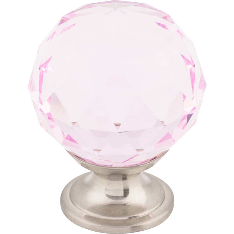 Clear Crystal 1 3/8" Diameter Round Knob, Brushed Satin Nickel, Pink