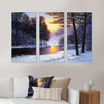 «River and Forest In Winter Sunset», ensemble de 3 reproductions d'art encadrées sur toile
