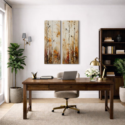 Automne, forêt de bouleaux avec oiseaux, forêt, art mural nature pour le salon, chambre, bureau, entrée, couloir - ensemble de 2, reproduction d'art encadrée sur toile 32 po x 12 po x 2 po