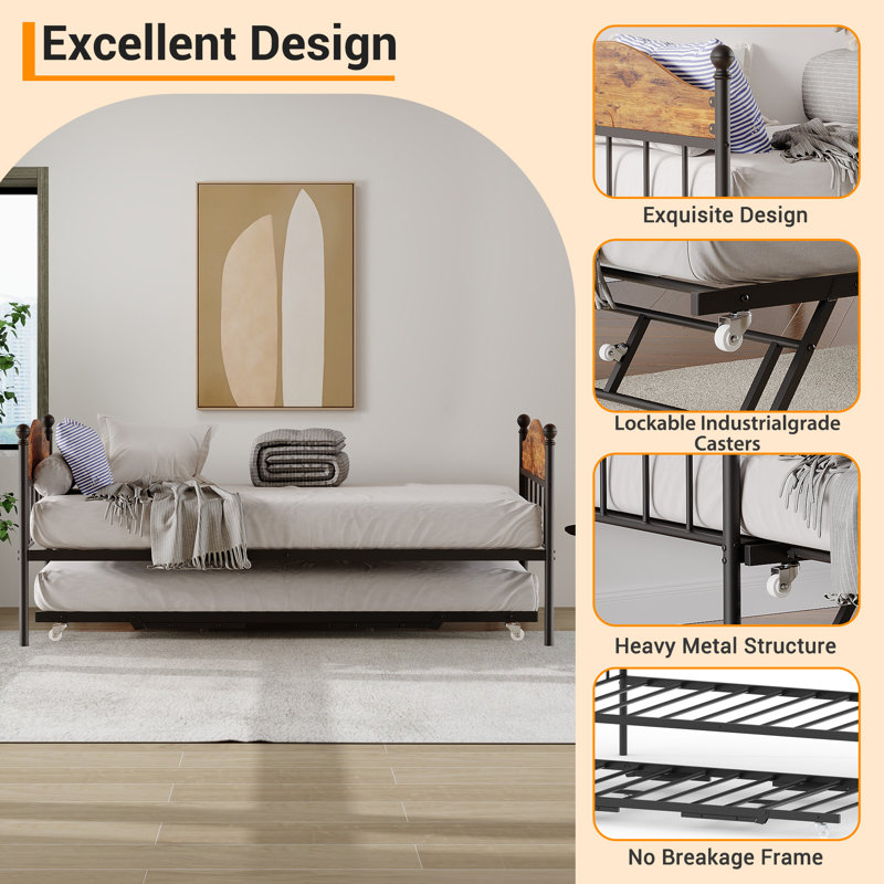 Heavy Duty Metal Twin Daybed with Pop-Up Collapsible Trundle, Durable Steel Slats & Stylish Headboard, Adjustable Guest Sofa Bed for Living Room or Bedroom - Sand Black with Vintage Finish