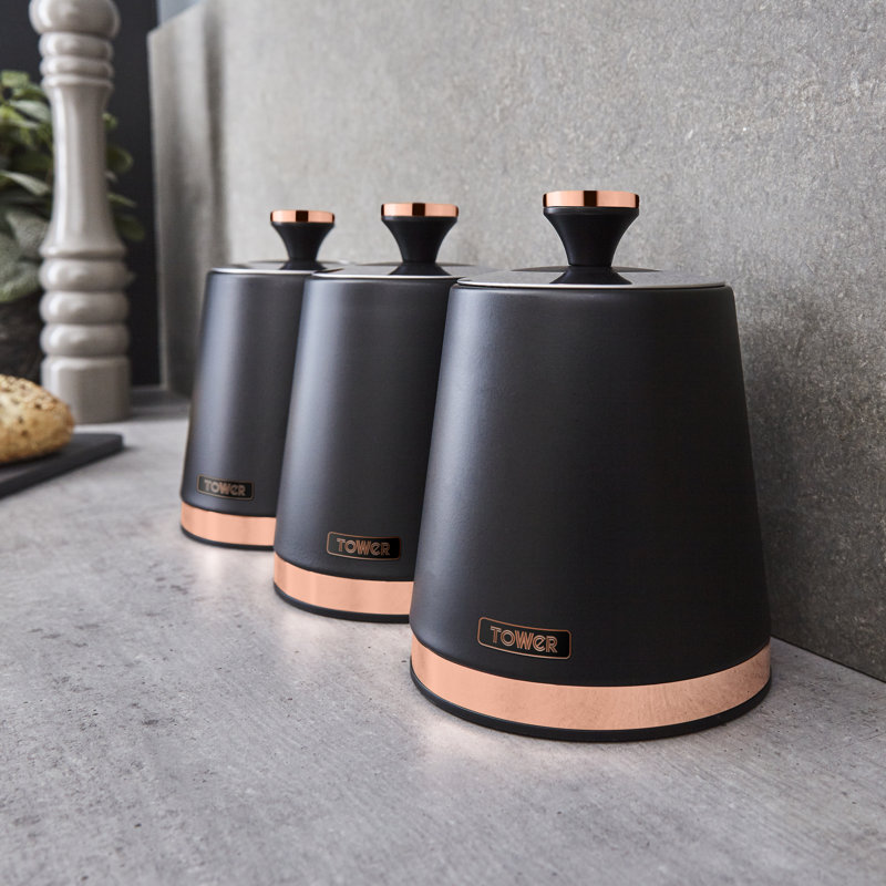 Tower Cavaletto Pieces of 3 Storage Canisters for Tea/ Coffee/ Sugar, Steel, Black